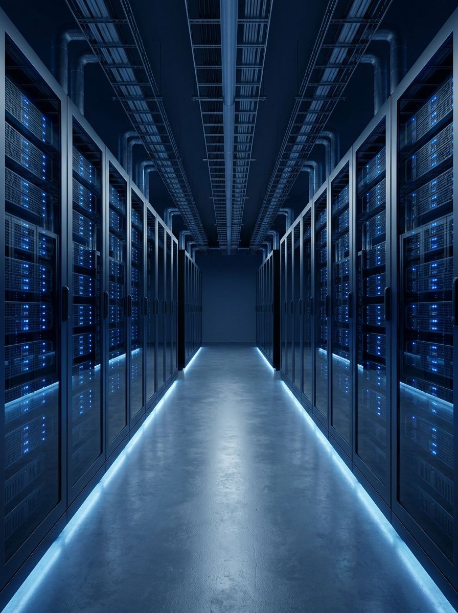 Blue-lit data center aisle